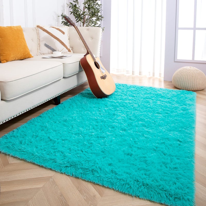 Foxmas Large Area Rugs for Living Room Bedroom 5x8 Feet, Fluffy Kids Room Plush Shaggy Nursery Rug Furry Throw Carpets for Boys Girls, College Dorm Fuzzy Rugs Home Decorate Rug, Teal - Image 1